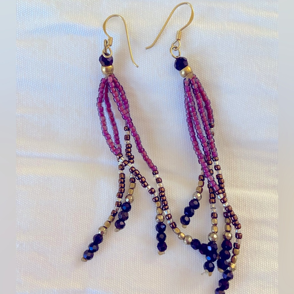ARTISAN PURPLE GOLD BEADED DROP EARRINGS
